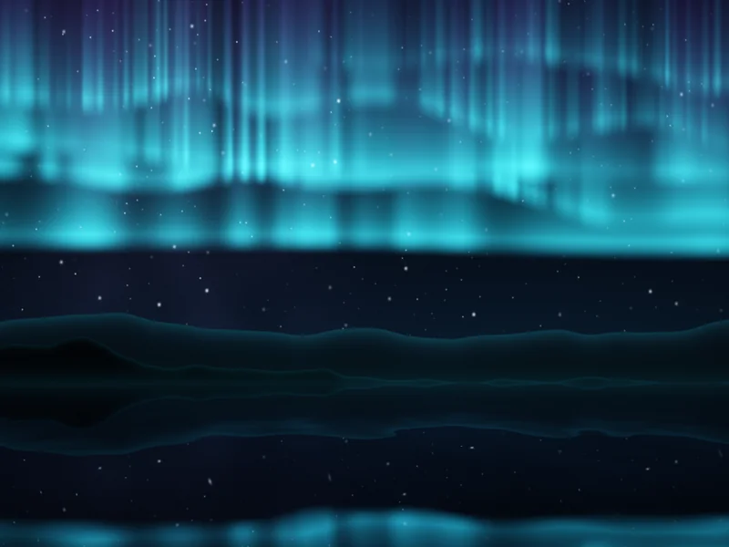 Cyan and violet northern lights over a still mountain lake, reflected in the water